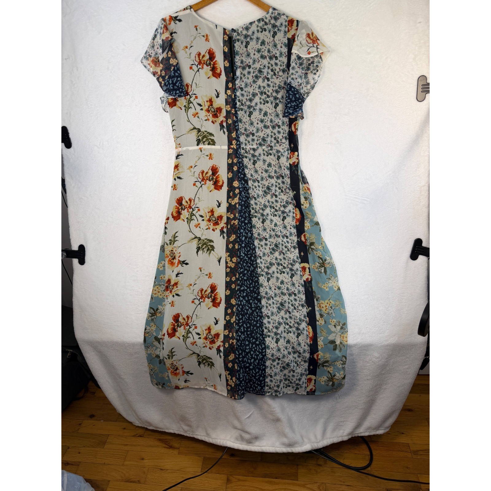 Suzanne Betro XL Mixed Floral Patchwork Midi Dress Flutter Sleeve Blue Cream