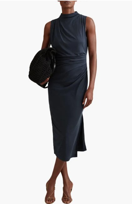 REISS Beaux Modal Blend Ruched Midi Dress – size Large – Navy