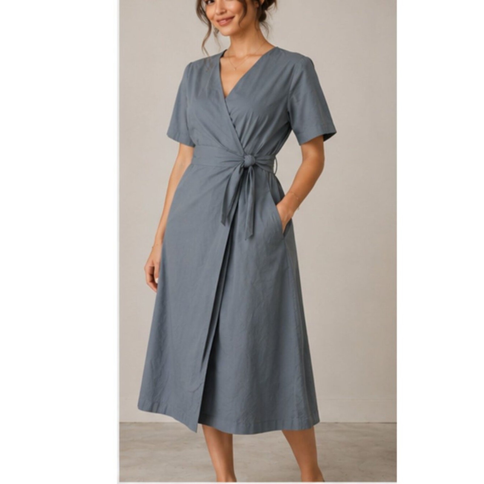 Margin Weathered Blue Cotton Wrap Midi Dress Tie Waist Pockets Size Medium