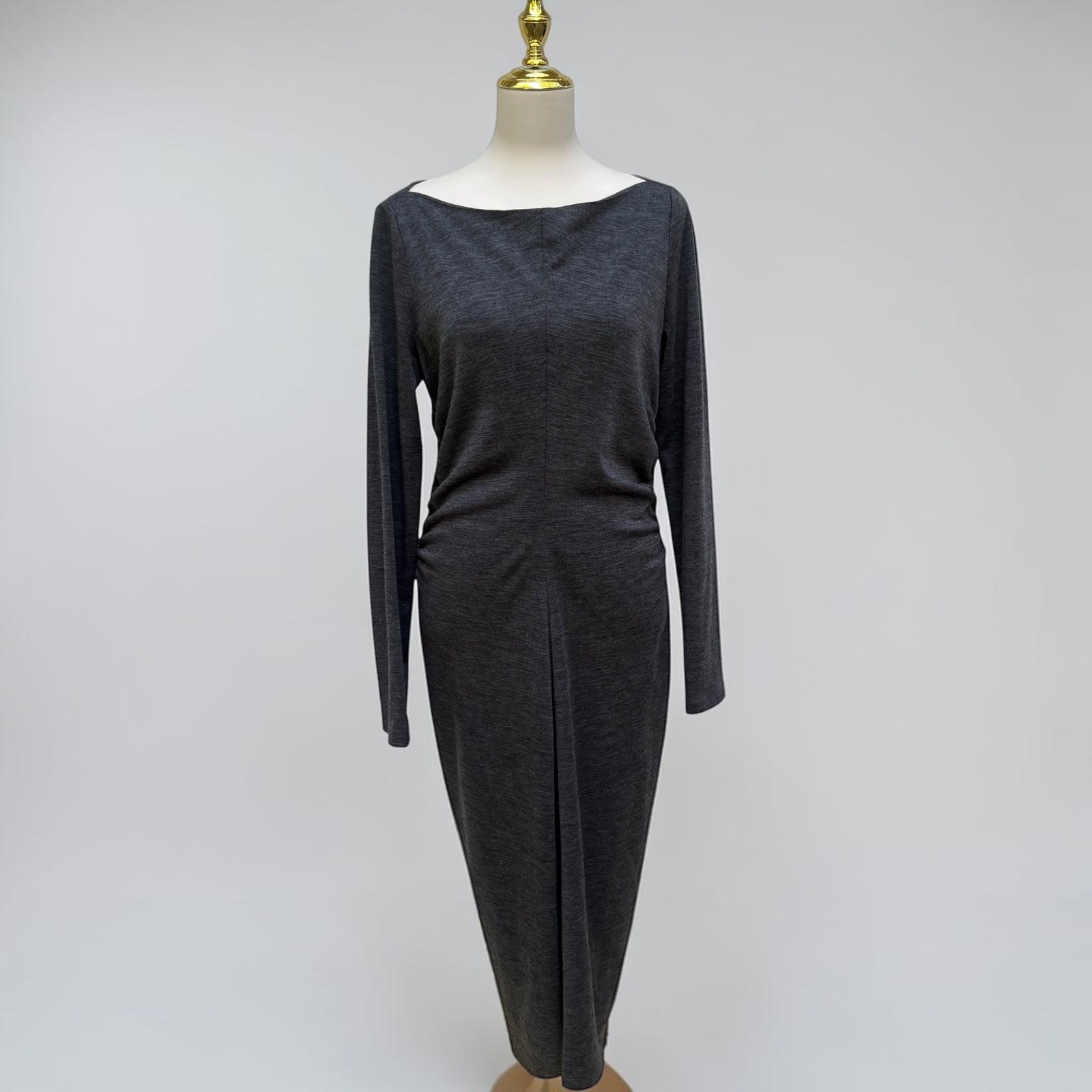 Tom Ford Ruched Wool Blend Midi Dress 46 Charcoal Grey Italy Designer Minimalist