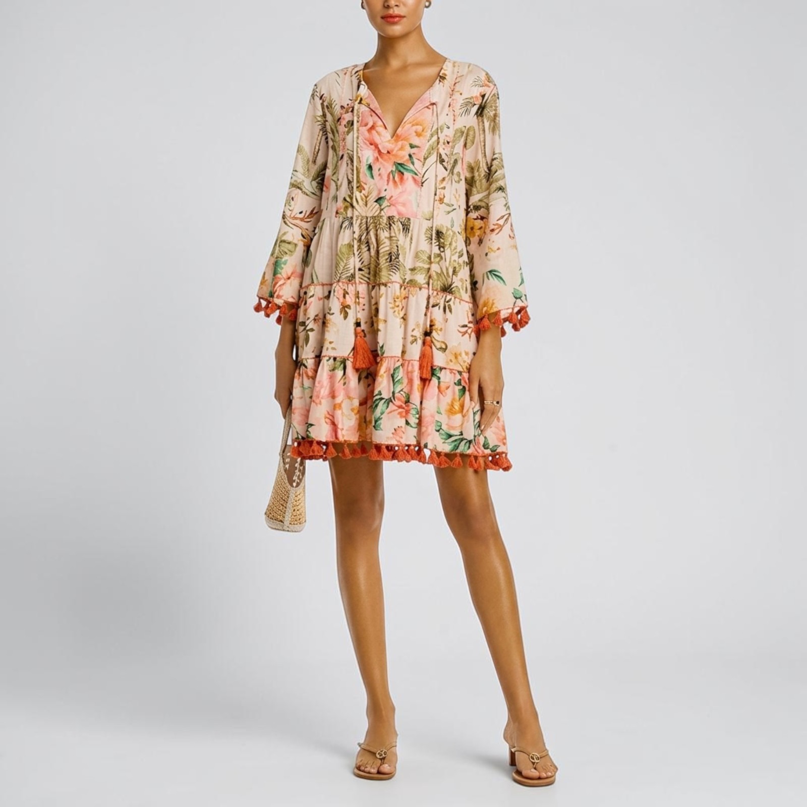 Lucky & Coco Color Day Dress Boho Floral Tassel‑Trim Mini Size S Resort Summer