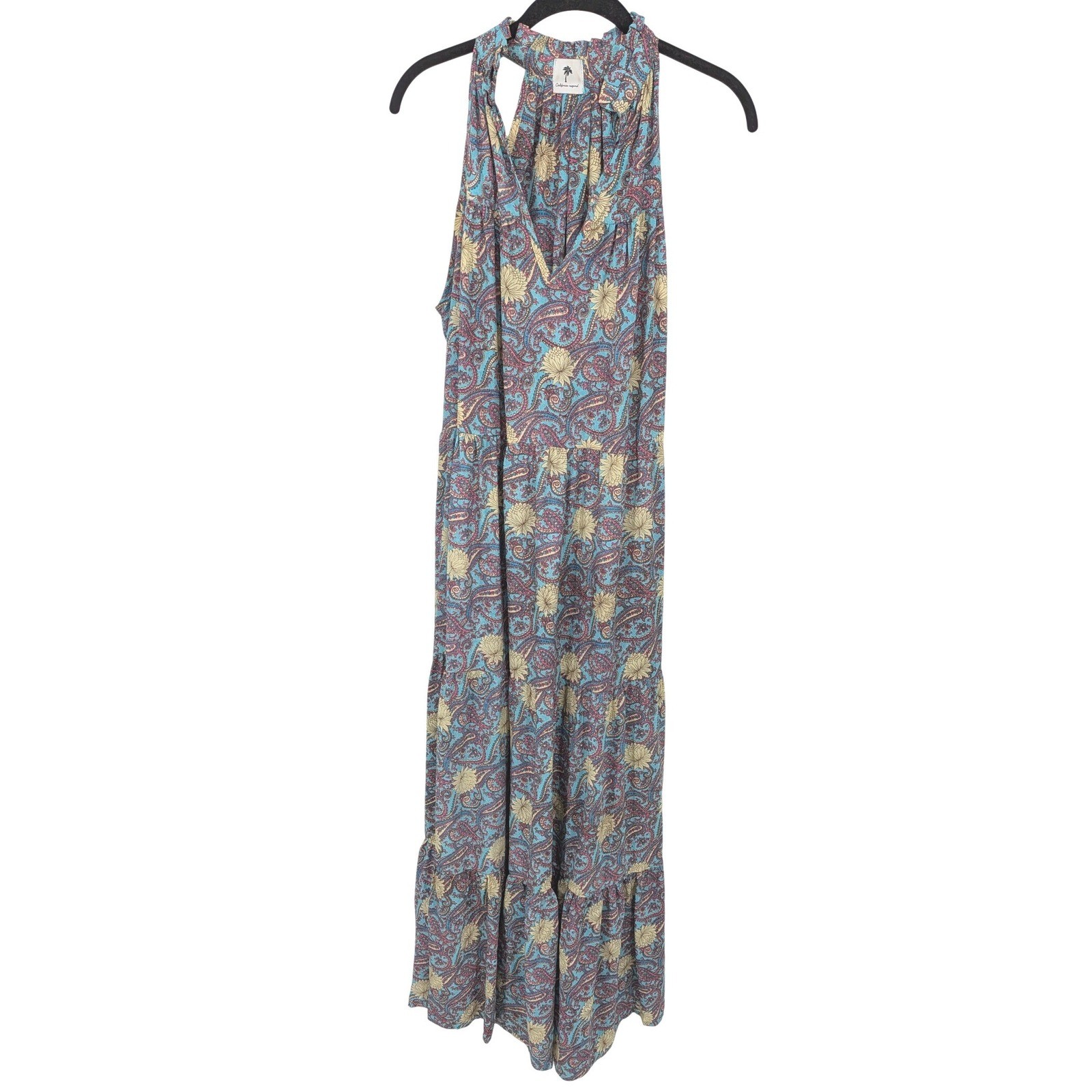 Karma Highway Maxi Dress Womens One Size Blue Paisley Floral Halter Tiered Silky