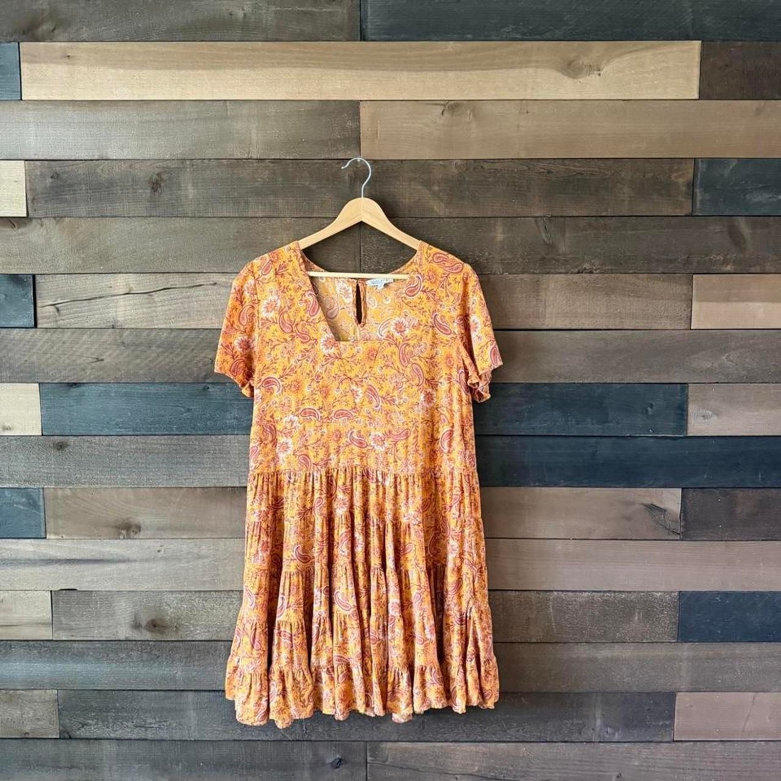 Patrons Of Peace Mustard Paisley Floral Boho Babydoll Mini Dress Rayon