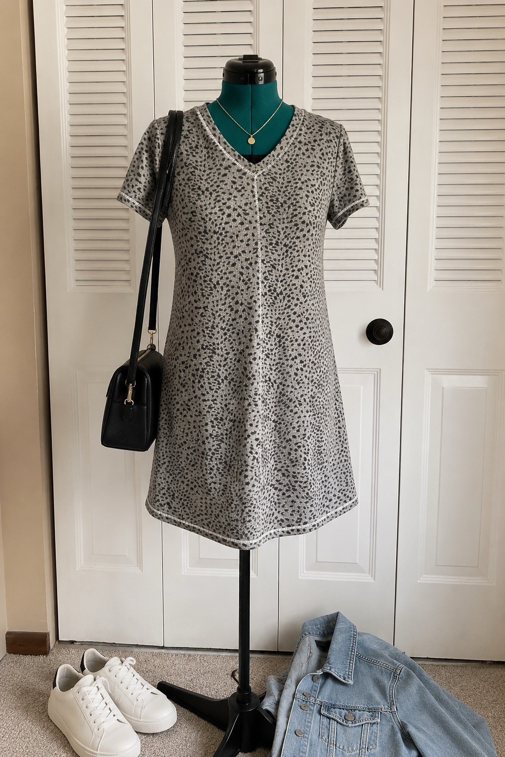 Anne Klein Gray Animal Print T Shirt Dress Women Small Soft Stretch Casual Mini