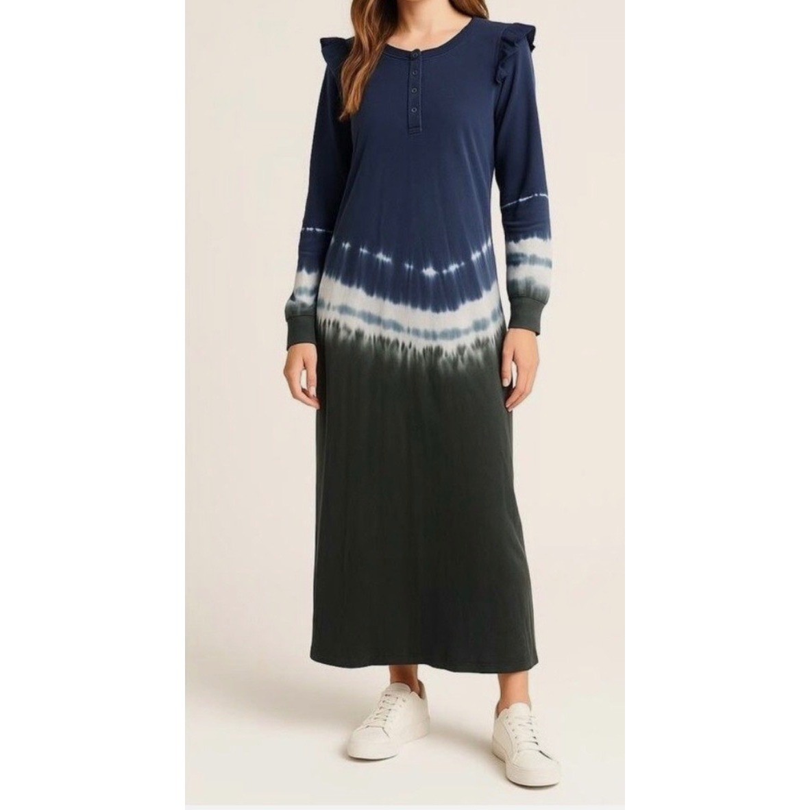 NWT Z SUPPLY Iris Ruffled Long-Sleeve Maxi Dress, Navy Tie Dye, Cozy Casual, XS
