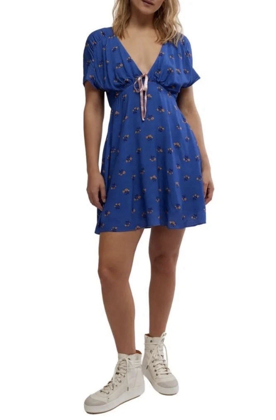 FREE PEOPLE Everyone’s Favorite Minidress Floral Blue Combo Women’s Large EUC