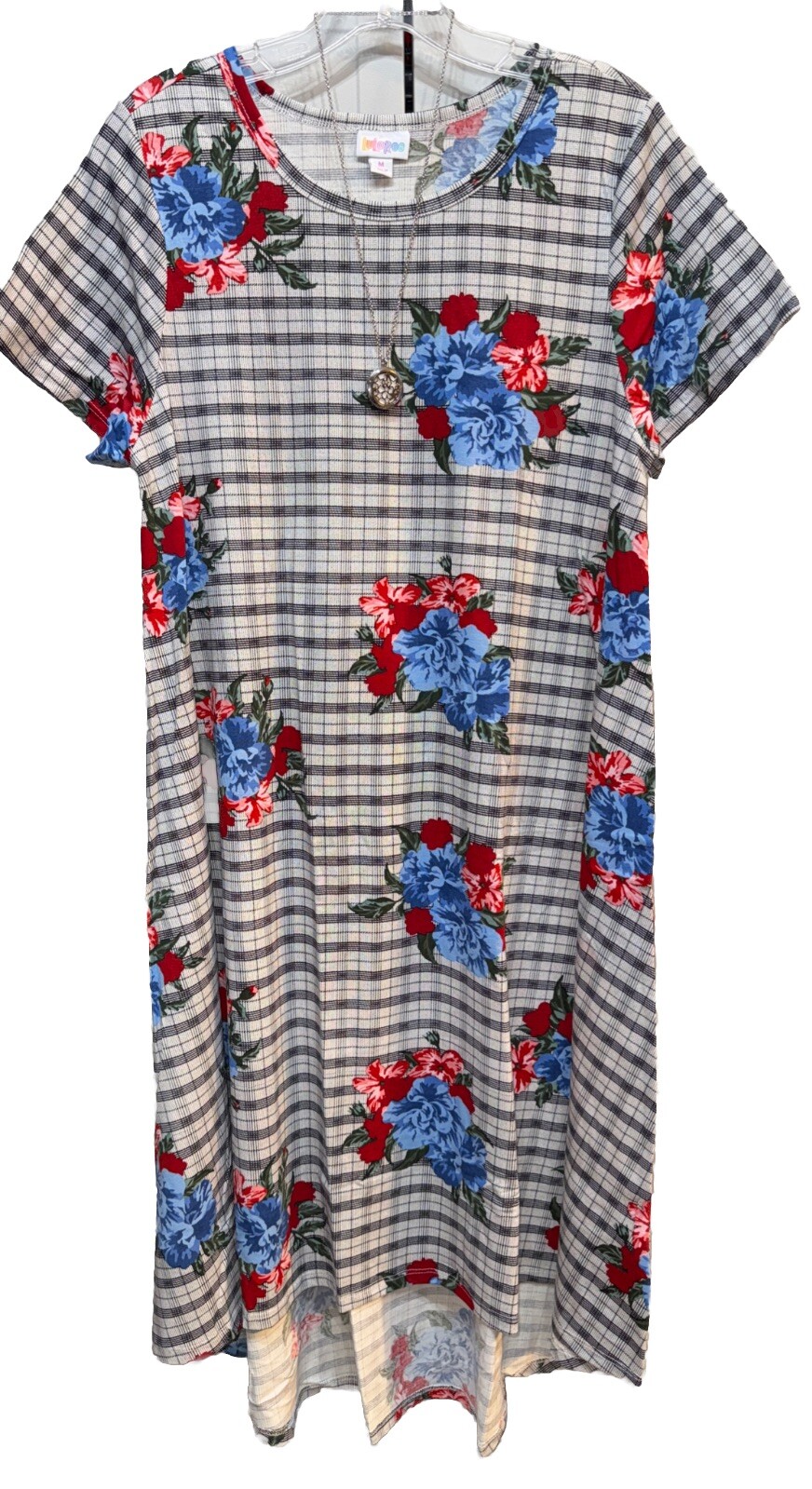 NWT LuLaRoe Medium Black White Plaid Blue Red Green Floral Carly Swing Dress