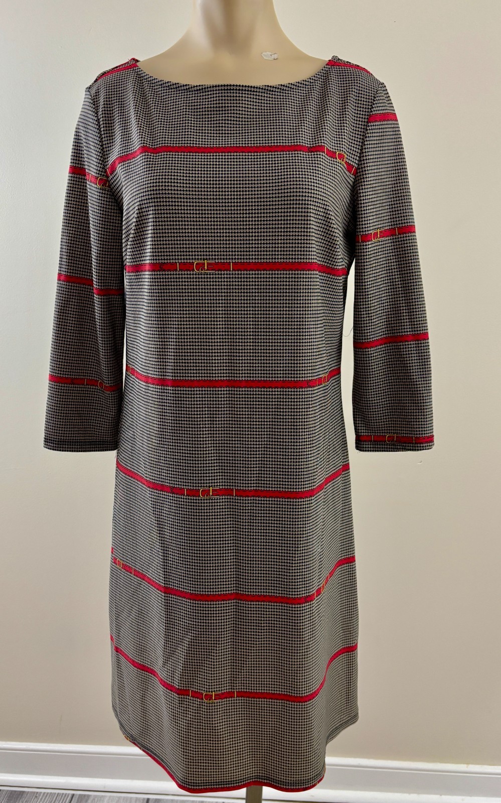 JUDE CONNALLY MARLOWE Women Medium Black Red Belt Print 3/4 Sleeve Stretch Dress