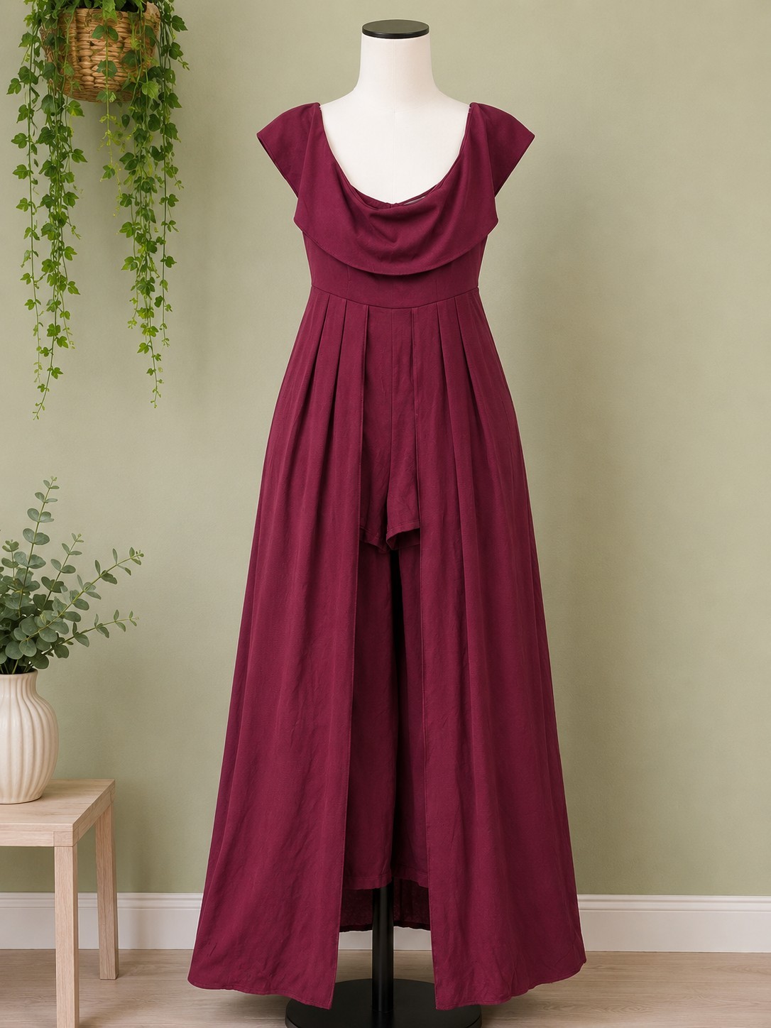Altar’d State Maxi Dress Romper M NWT Burgundy Wine Cowl Neck Skort Overlay