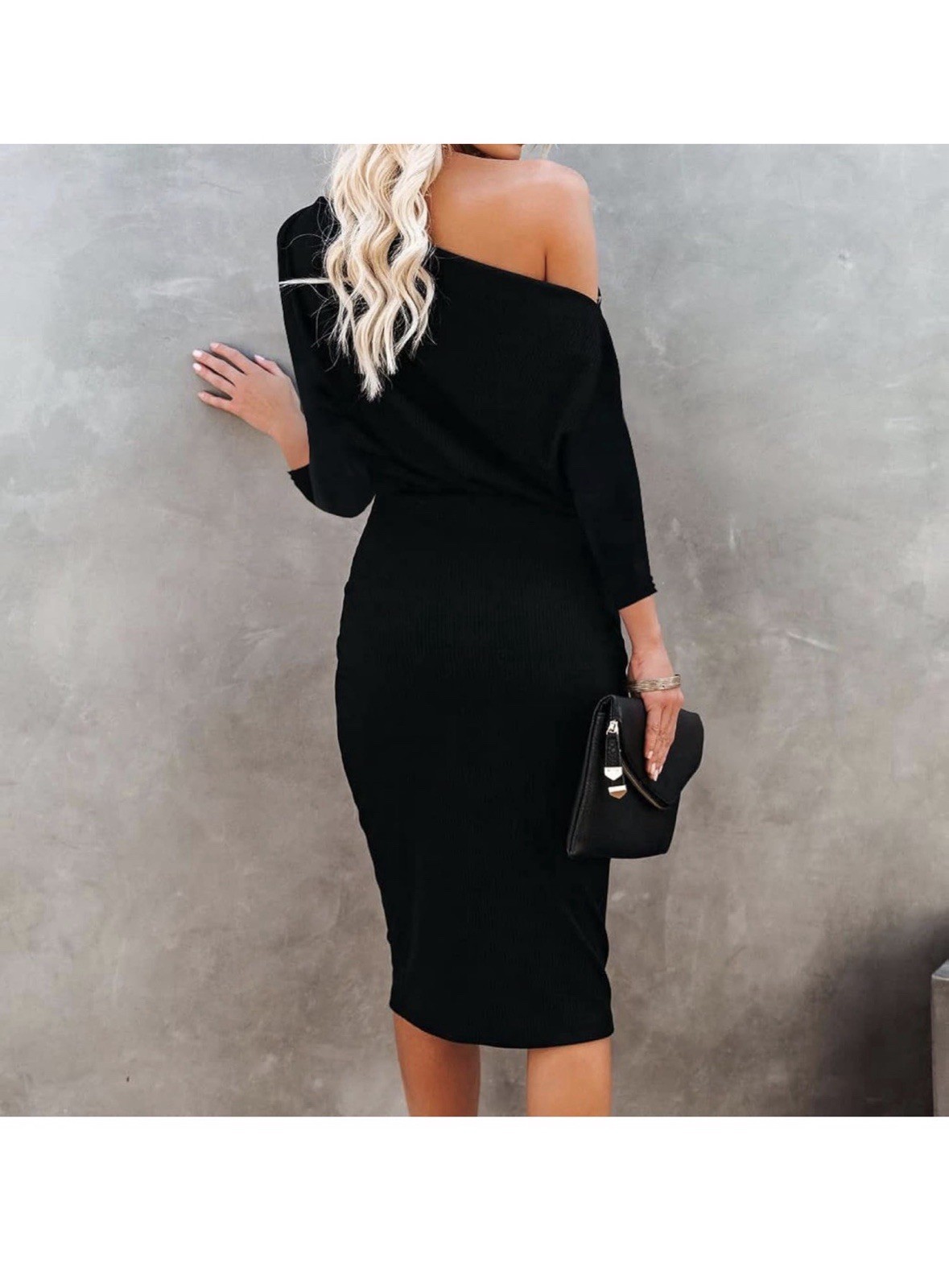 Ezbelle Off The Shoulder Women Batwing 3/4 Sleeve Hip Wrap Bodycon Dress Black M