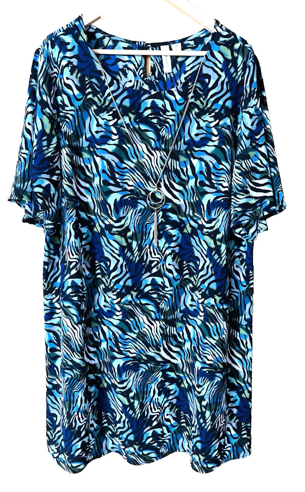 TACERA Dress Womens 2X Blue Zebra Print Shift Sheer Tunic Plus Size w/Necklace