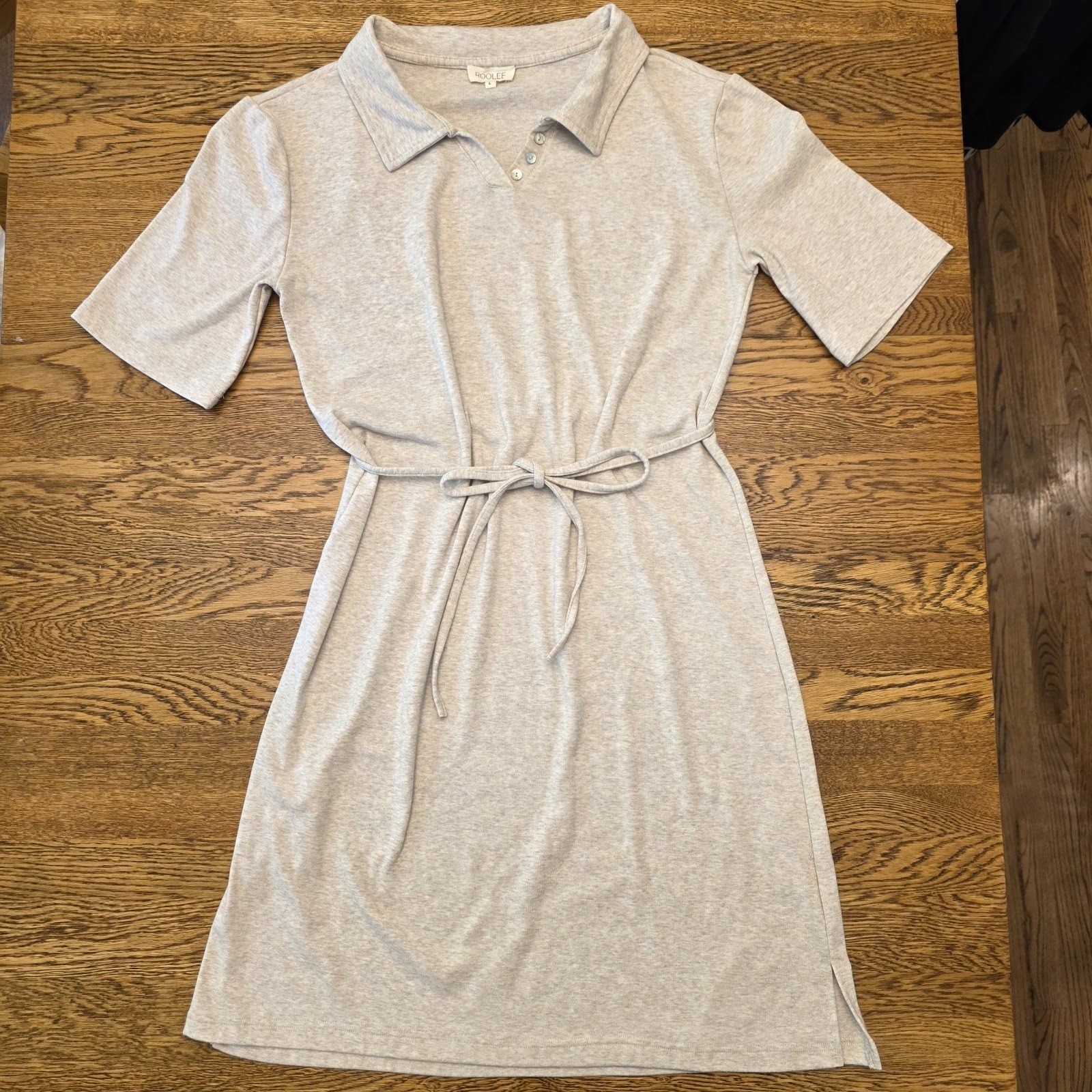 Roolee Womens Oatmeal Heather Polo Tie Waist Short Sleeve Dress Womens L Office