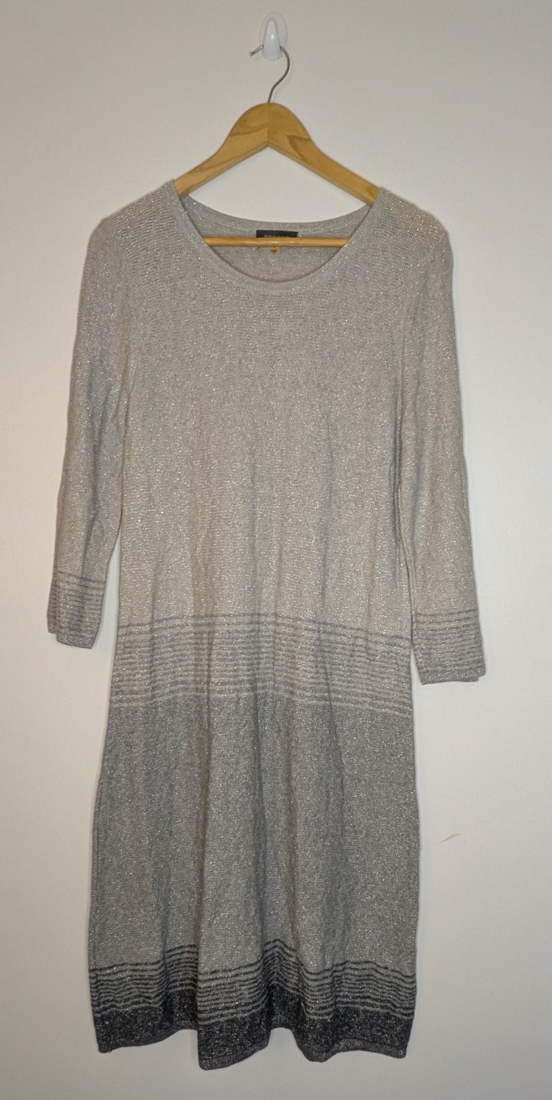 Spense Silver Gray Black Knit Sweater Dress Metallic Cotton Rayon Long Sleeve L