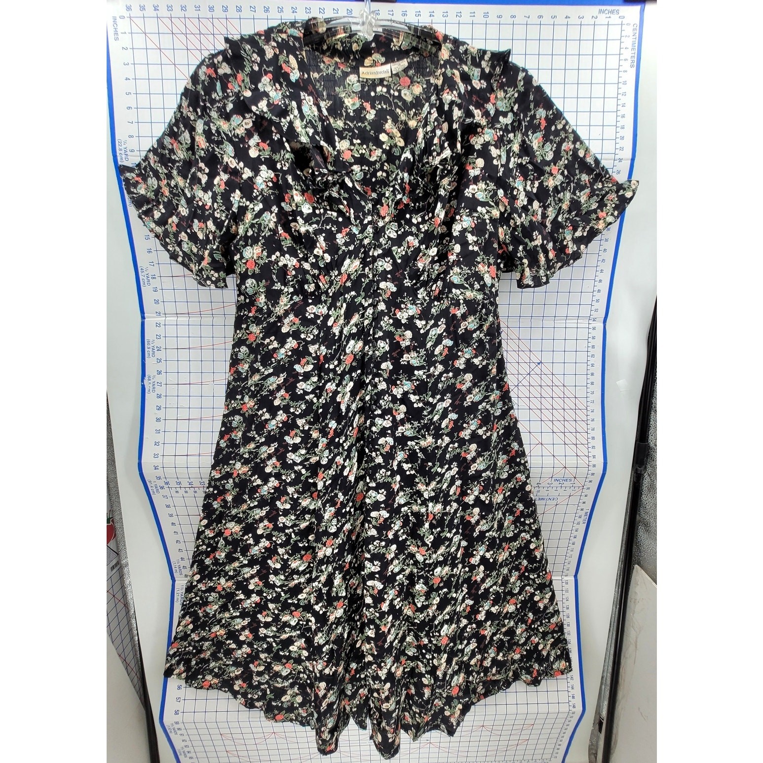 Adrian Jordan Vintage Black Floral Midi Dress Empire Waist Button Front Plus