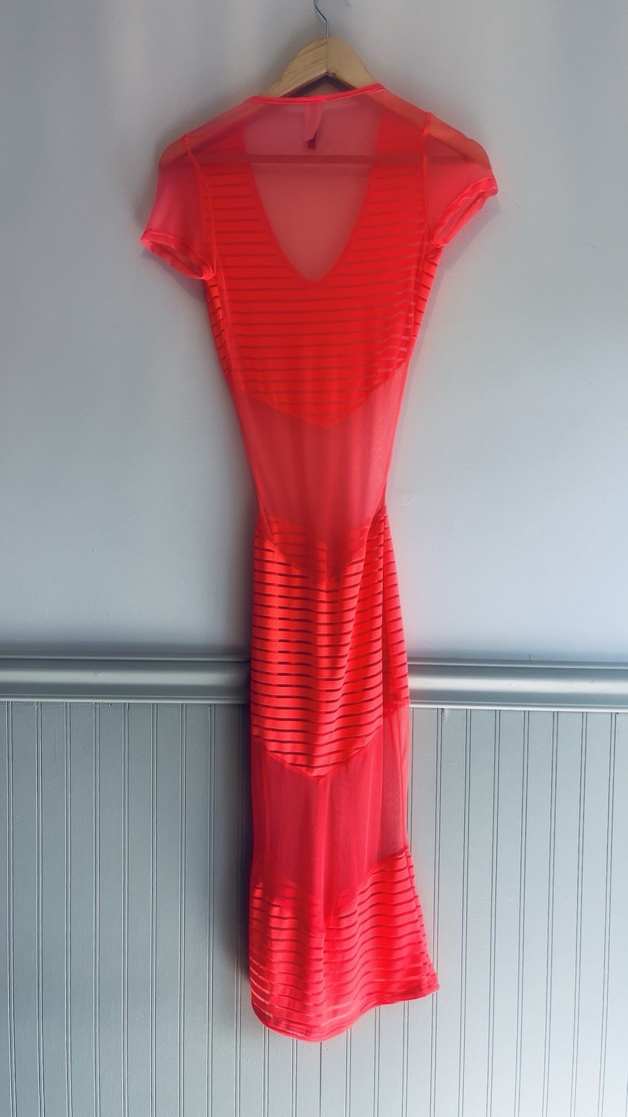 Vintage WTD Orange Sheer Mesh Striped V-Neck Short Sleeve Maxi Dress Women S