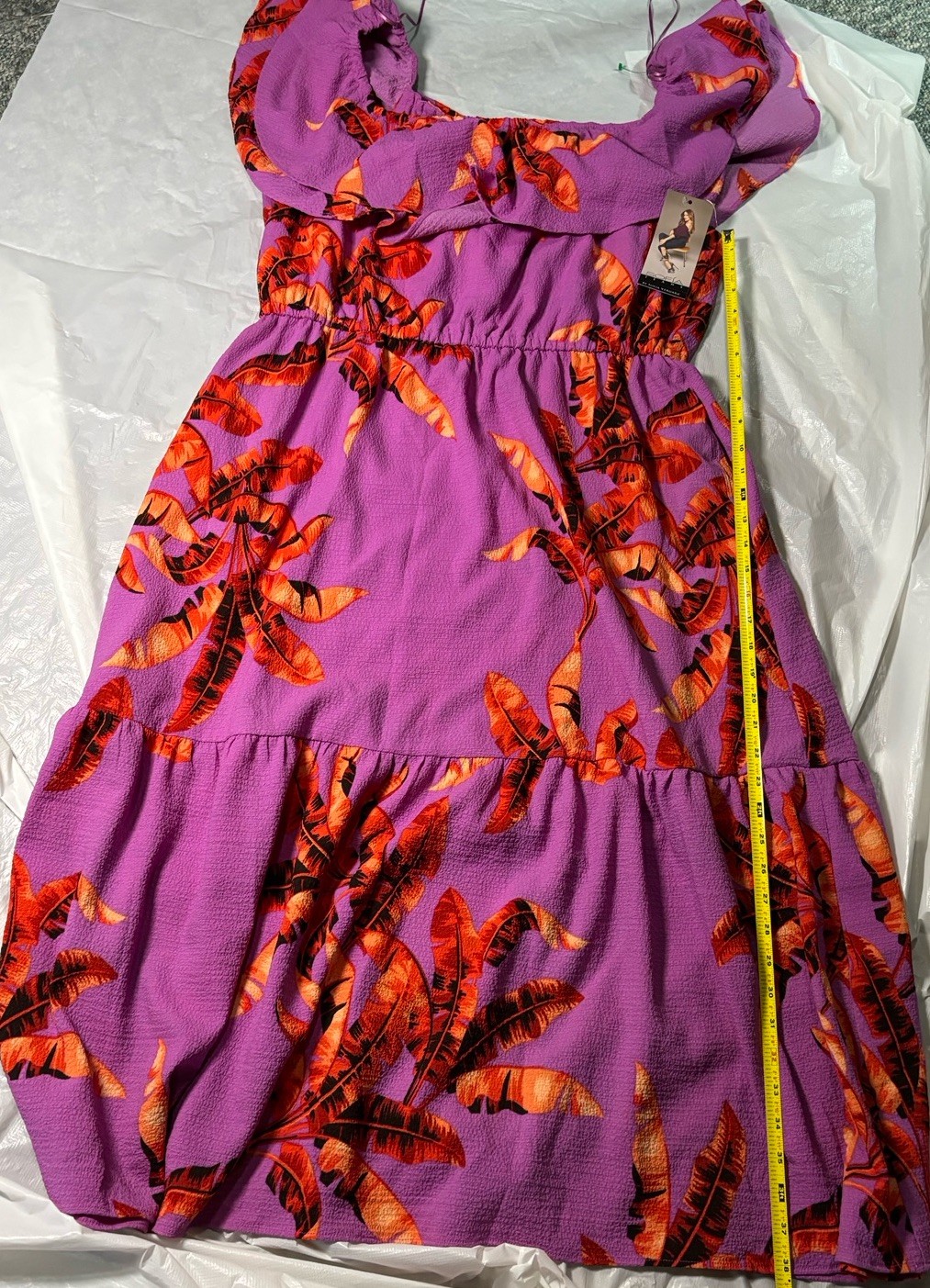 NWT Sofia Vergara Purple Orange Tropical Midi Dress Off Shoulder Ruffle XL