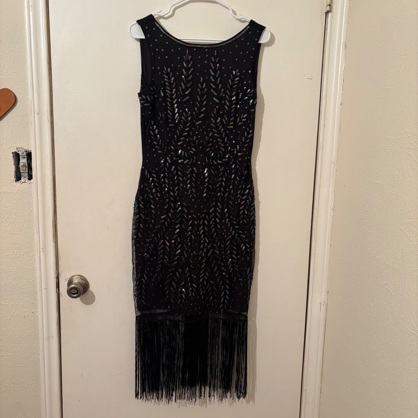 Babeyond Black Iridescent Sequin Beaded Fringe Dress Deep V Back Fairy Goth M