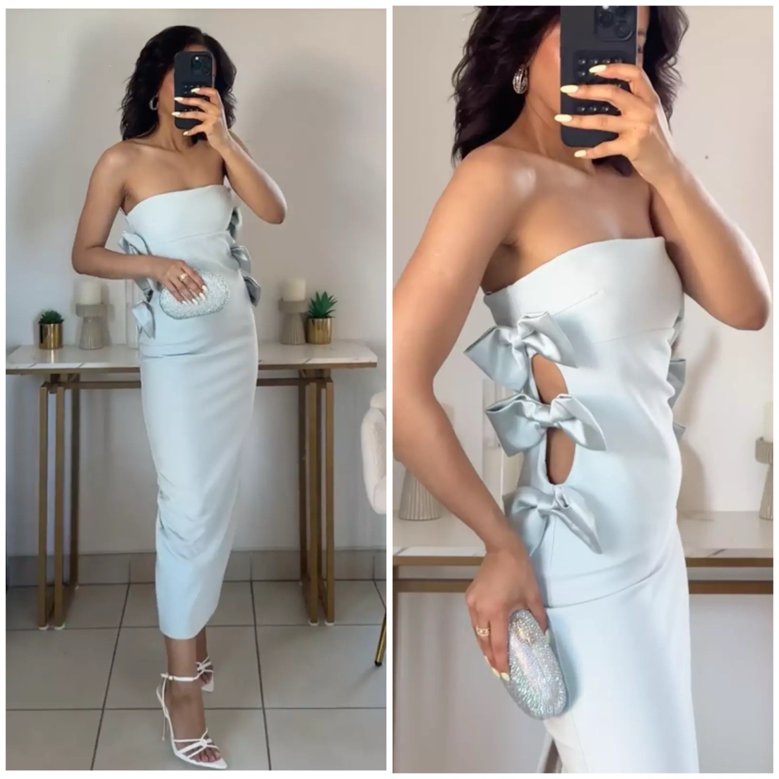 ZARA FW24 FITTED OFF-SHOULDER MIDI DRESS M SATIN BOWS SEA GREEN 4772/211 NWT