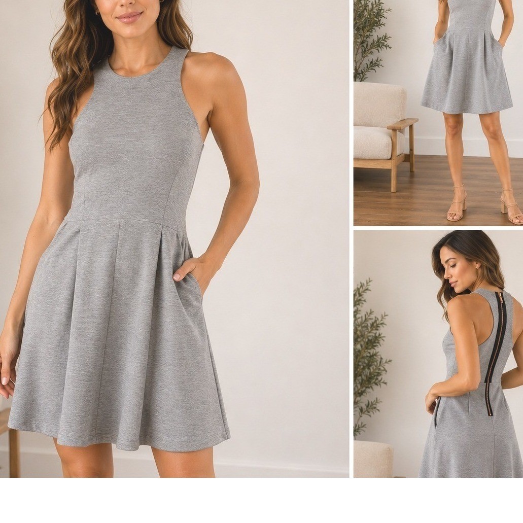 Milly New York Gray Racerback Mini Dress Rose Gold Zipper Pockets S Made in USA