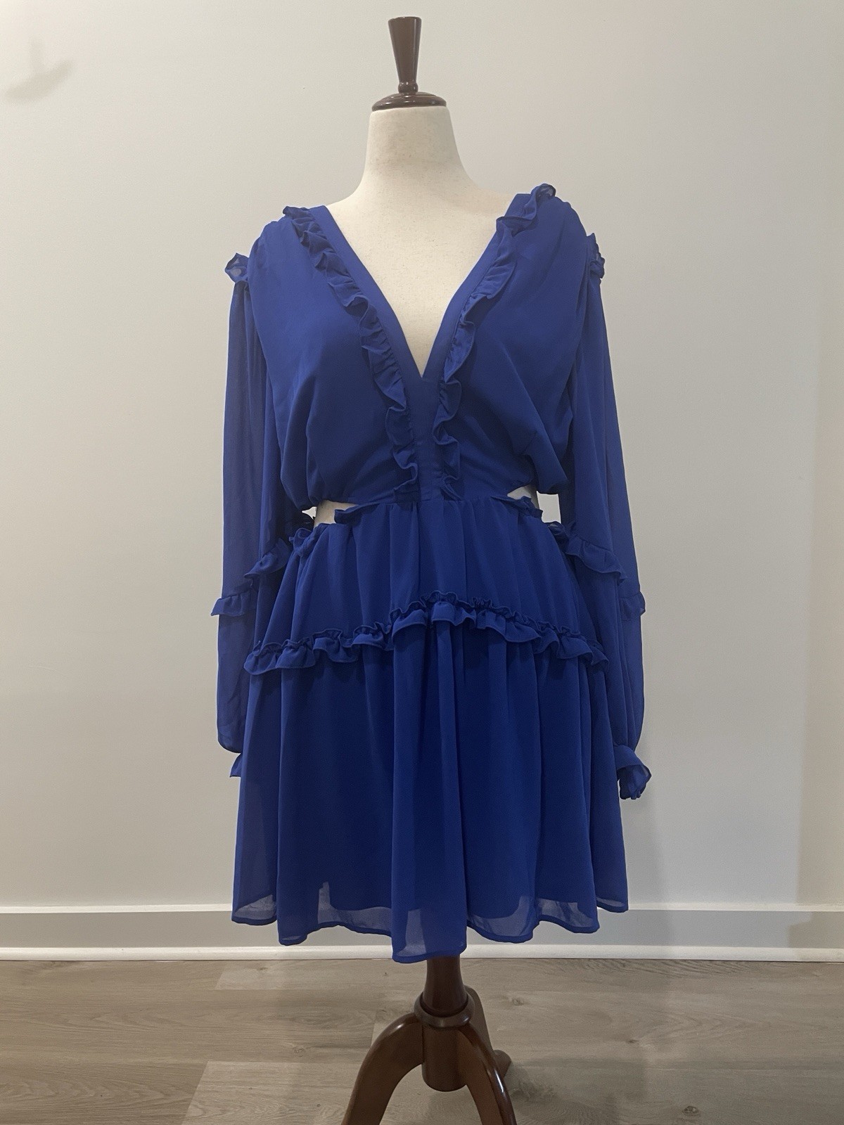 Ashley Stewart Blue Chiffon Ruffle V-Neck Lace Up Open Back Dress 1X NWT