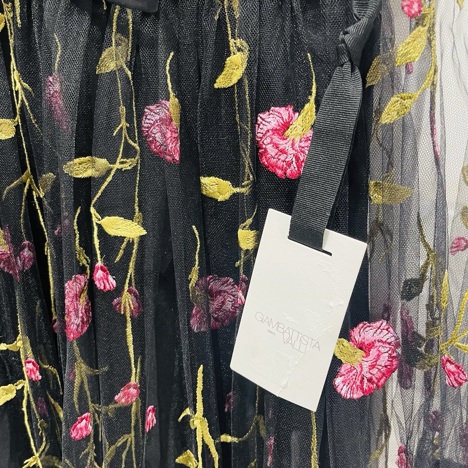 GIAMBATTISTA VALLI Carnation Embroidered Long Sleeve Maxi Dress Black/Rose SZ 4