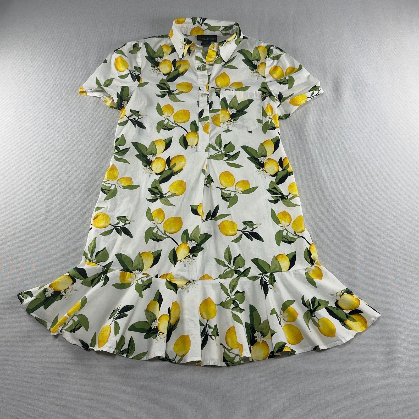 Cynthia Rowley Lemon Print Ruffle Hem Shirt Dress White Yellow Mini Small