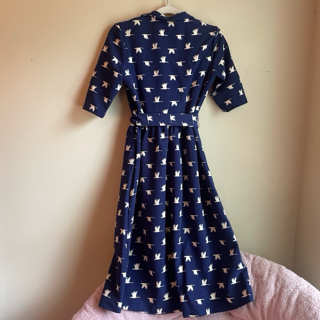 Fever London Blue White Bird Print Collared Retro Belted Midi Shirt Dress 6
