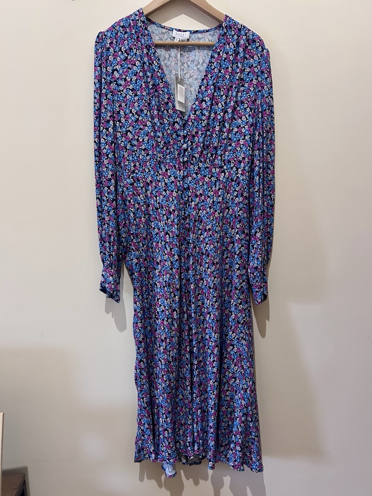 Ghost Alivia Floral Navy Midi Dress Size XL UK 16 BNWT