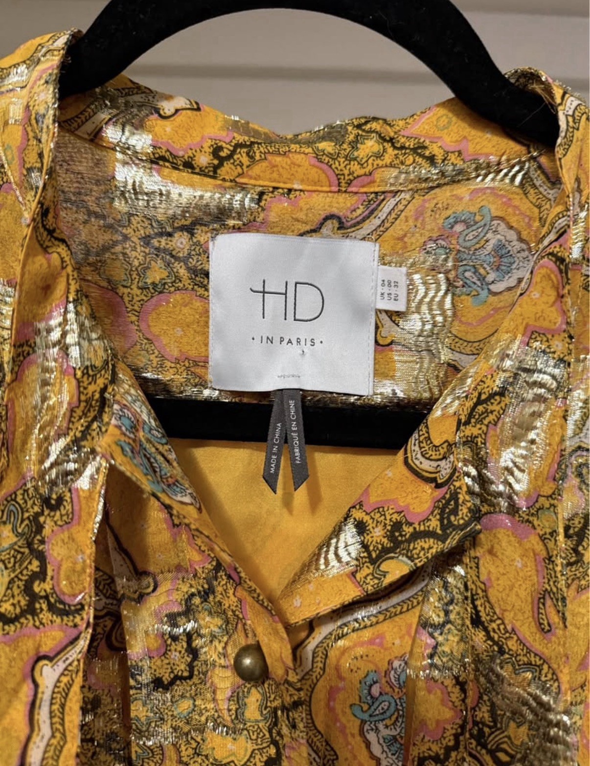 HD in Paris Yellow/Gold Paisley Shirt Dress Collared Long Sleeve Pockets us•oo