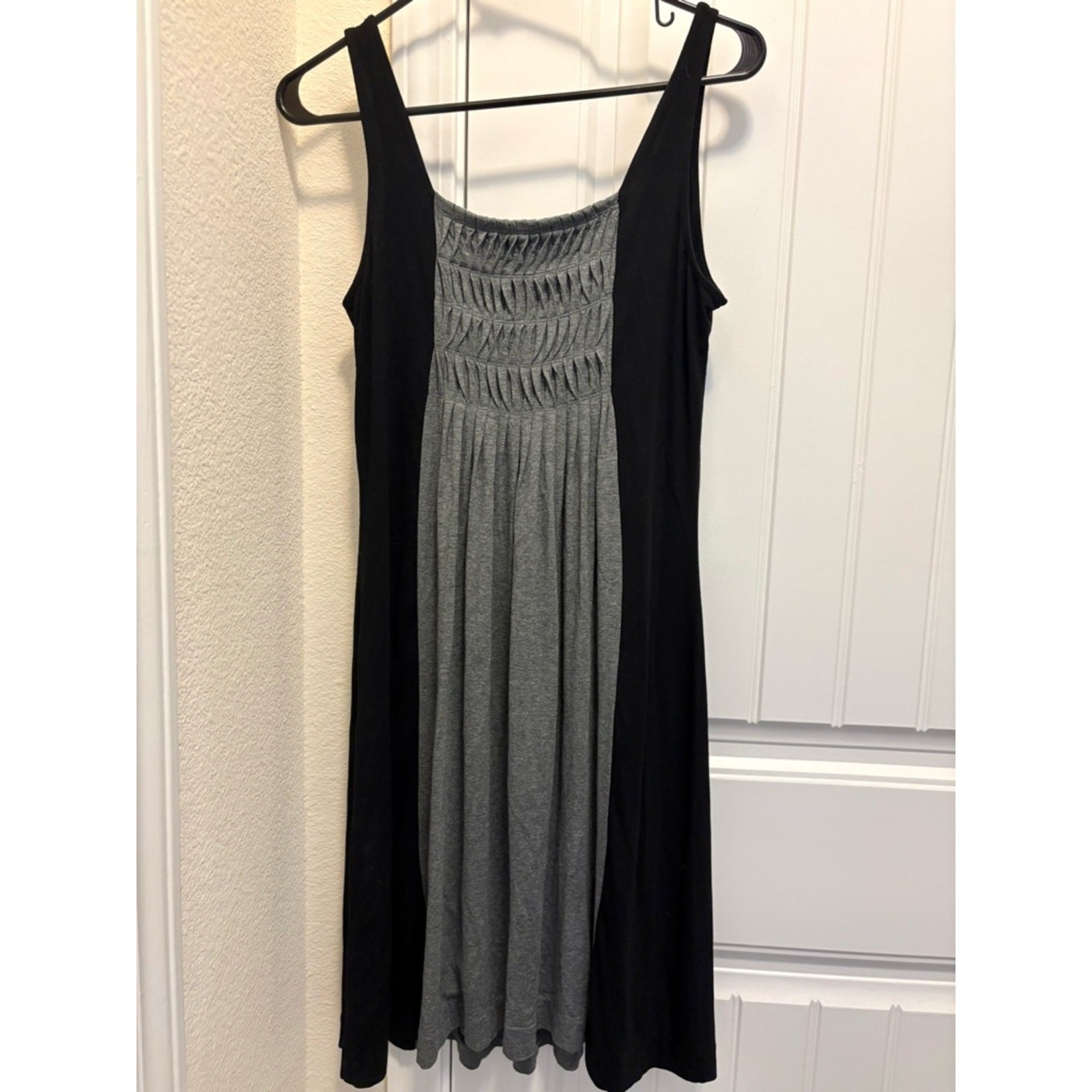 Cynthia Rowley Black and Gray Smocked-Front Midi Dress