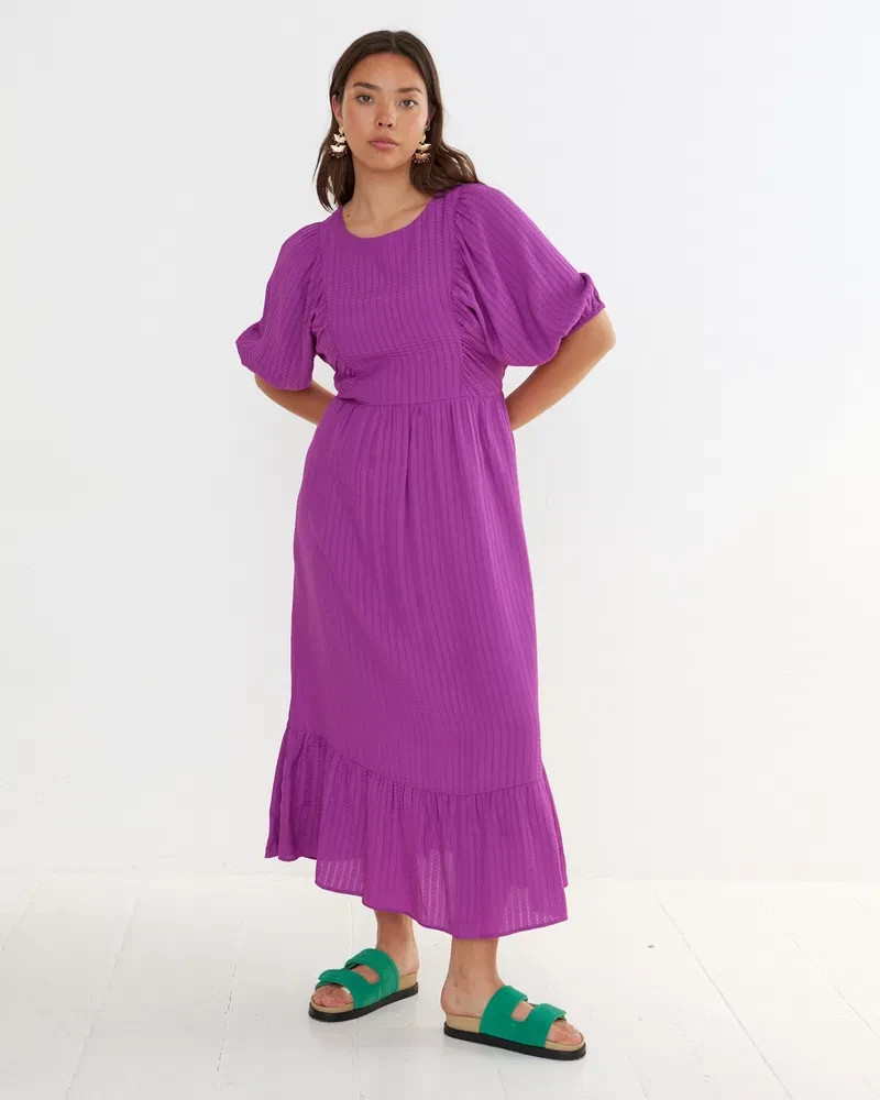 OLIVER BONAS Midi Dress Puff Sleeve Purple UK 10