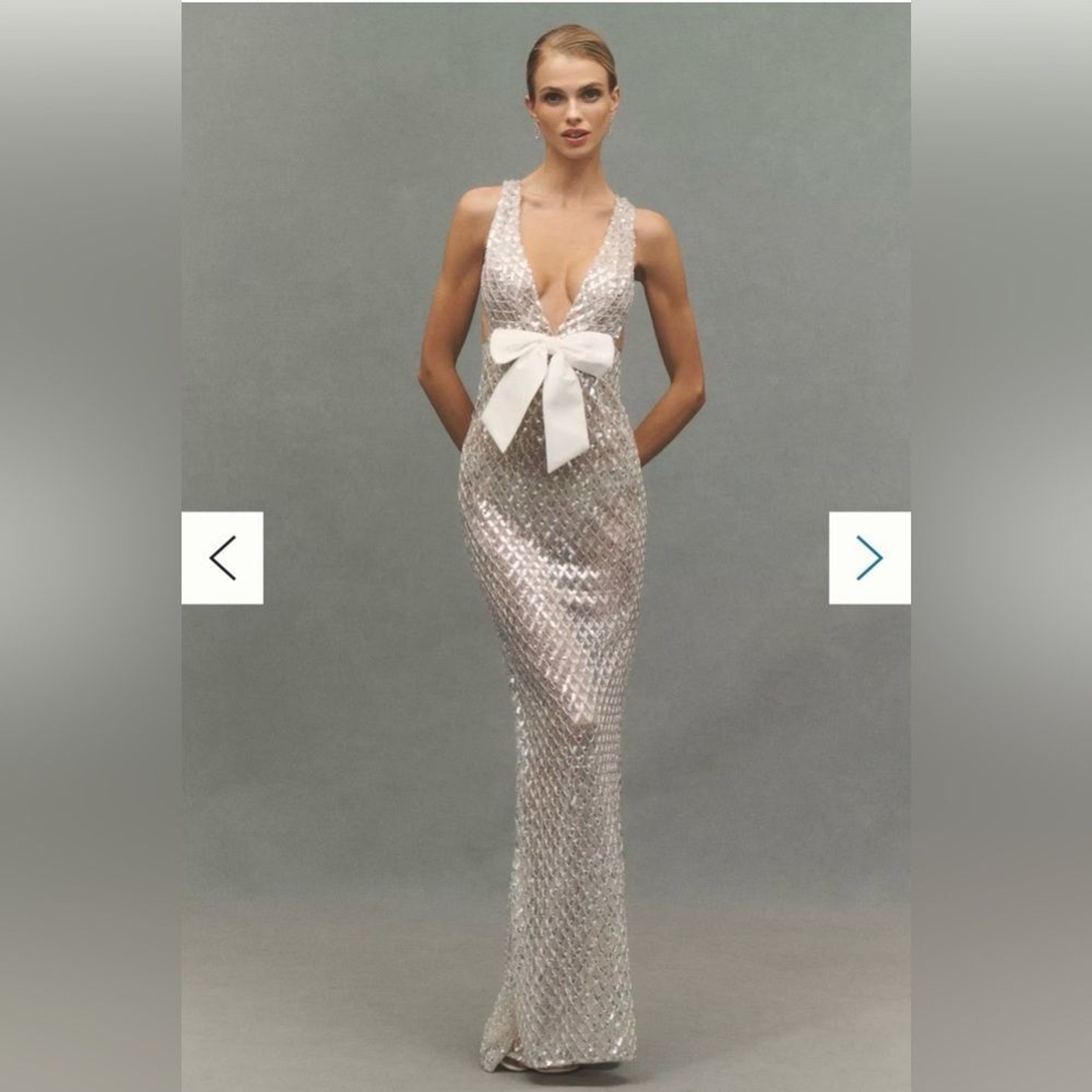 NWOT BRONX AND BANCO Liora Bridal Gown , Elegant Silver Evening Gown with Bow,XS