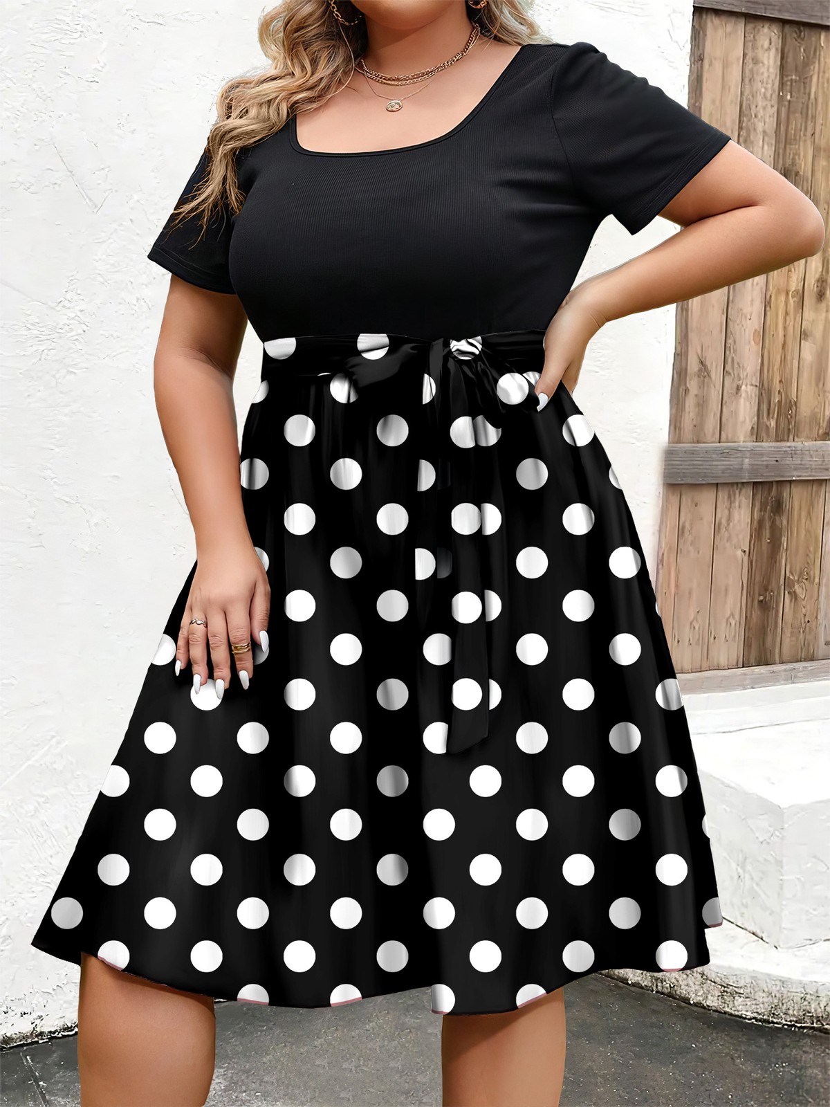 Women Plus Size Elegant Polka Dot Dress Short Sleeve Casual Dress 0XL-4XL