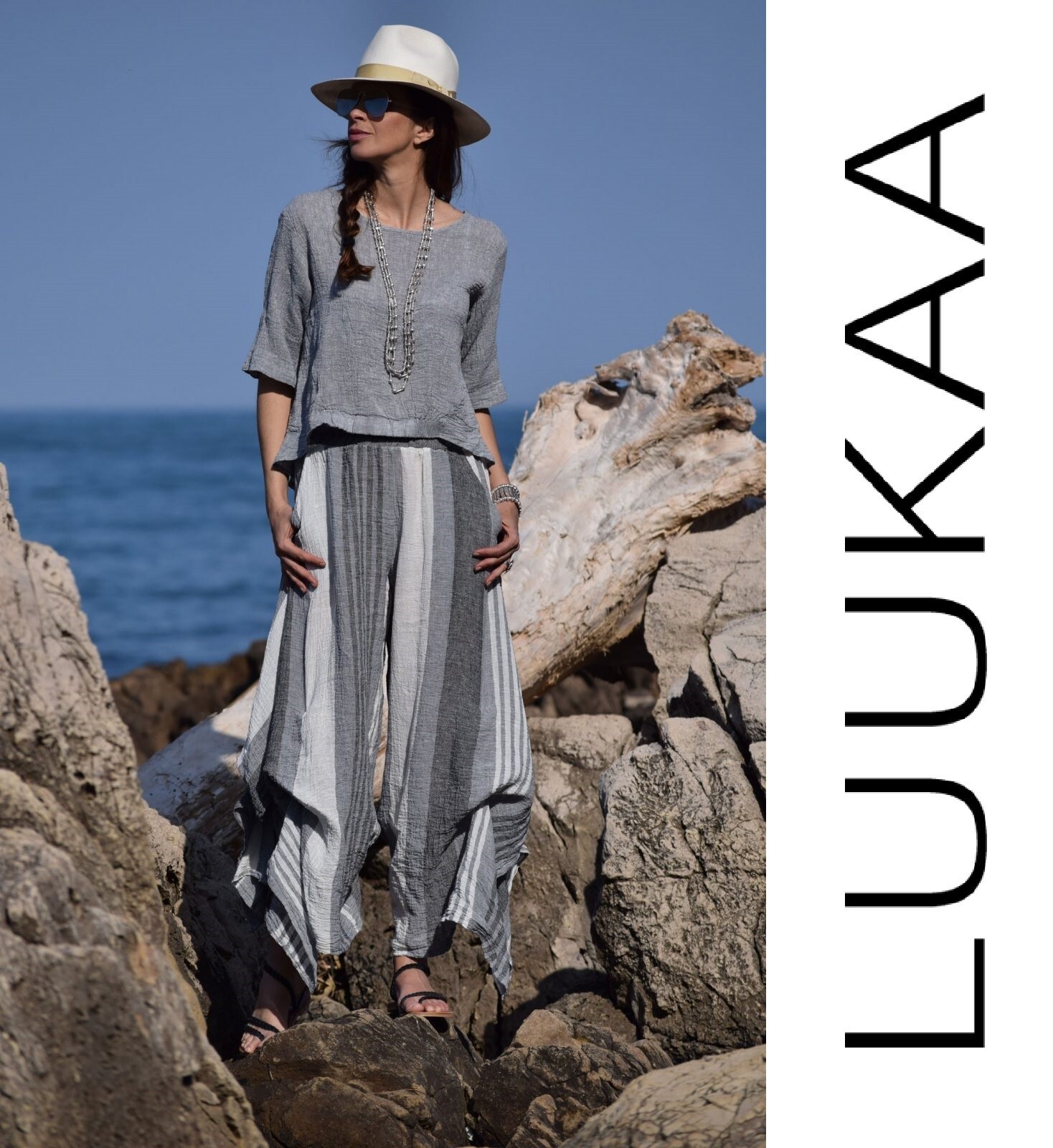 LUUKAA Linen 8Y0524 Lagenlook Light Linen STRIPE POCKET DRESS (sizes 6-10) WHITE
