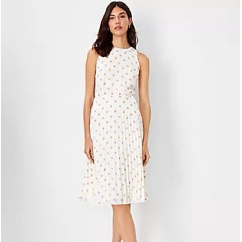 Ann Taylor Cream/Tan Polka Dot Pleated Fit and Flare Sleeveless Midi Dress – 8