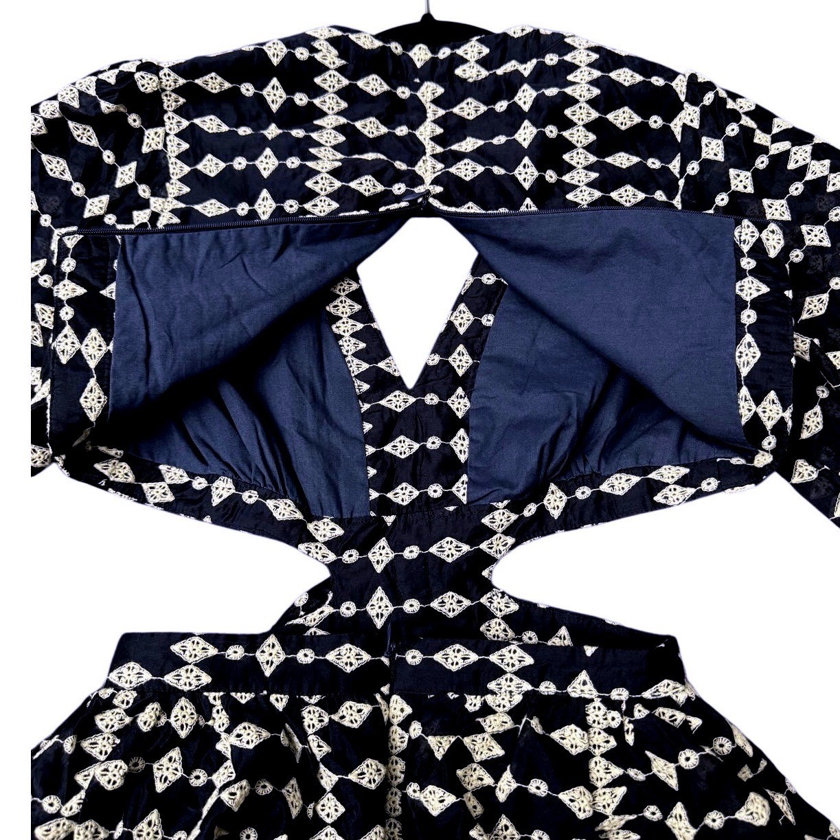 SaturdayClub Cutwork Embroidery Cutout Dress Navy Size XXS Puff Sleeve Midi
