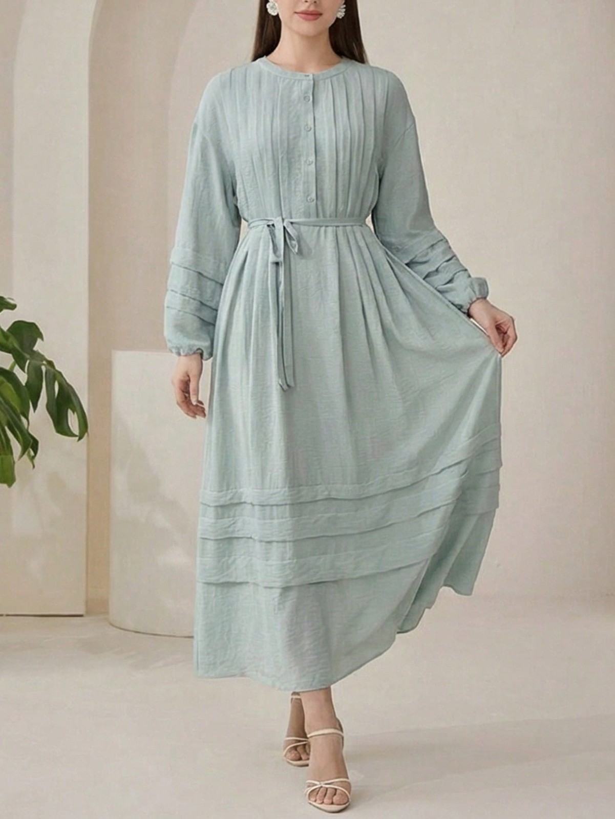 Womens Elegant Round Neck Button Detail Long Dress