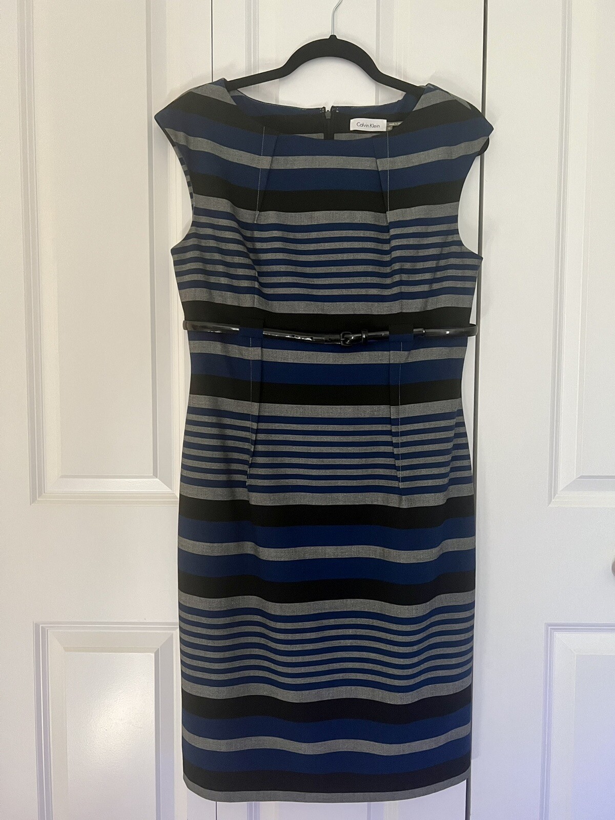 Calvin Klein Sheath Belted Dress Blue Gray Black Stripe Sleeveless – Women’s 10