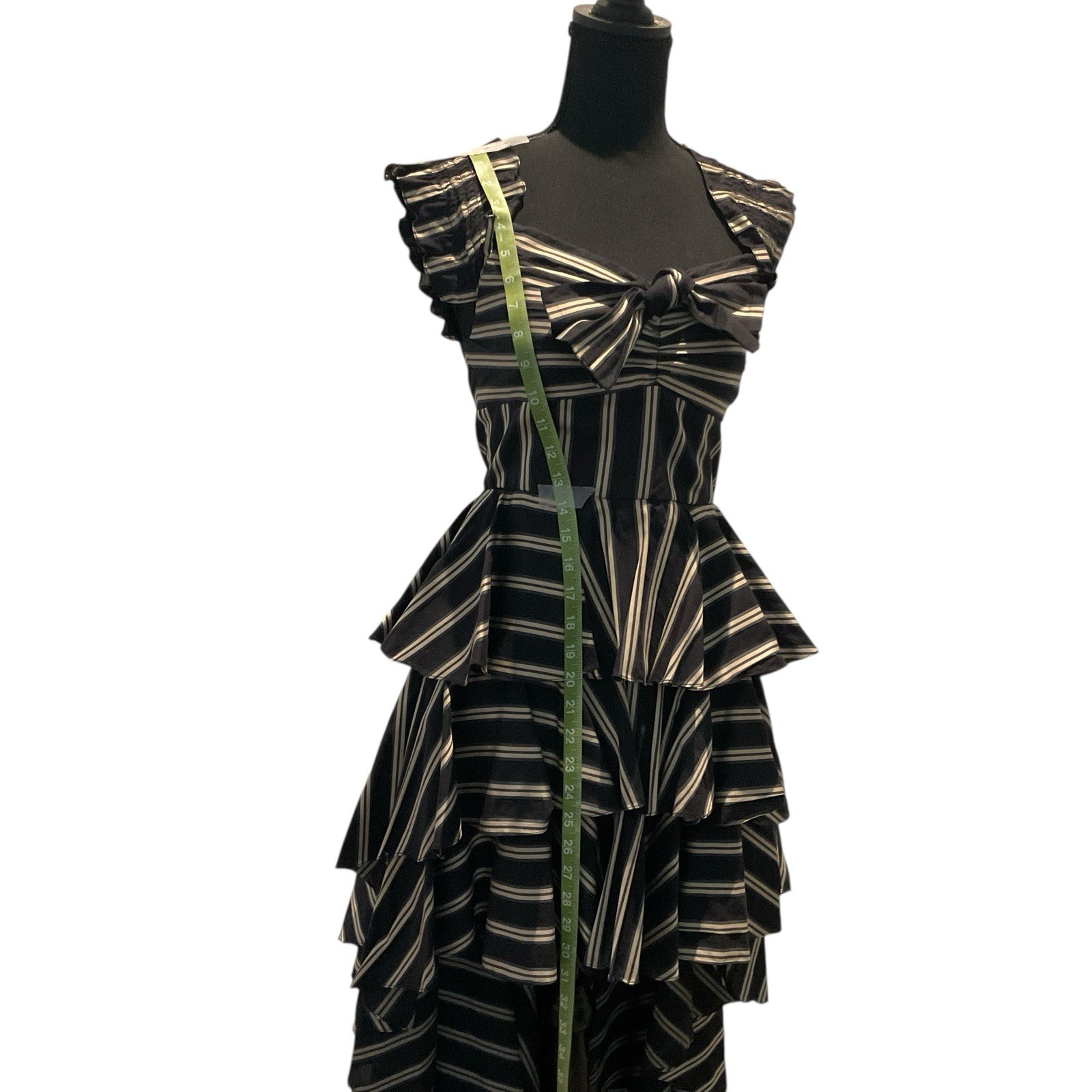 Caroline Constas Tiered High- Low Layered Dress Striped Bow Ruffle Brown Small