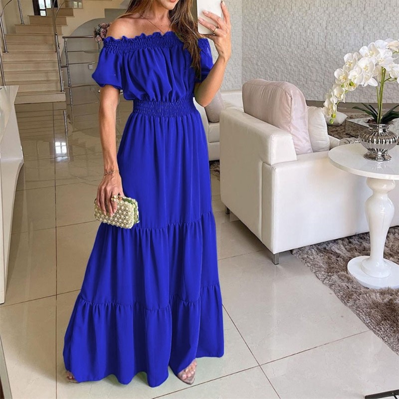 Solid Color Ruffle Long Dress Casual Short Sleeves High Waist Elegant Dress
