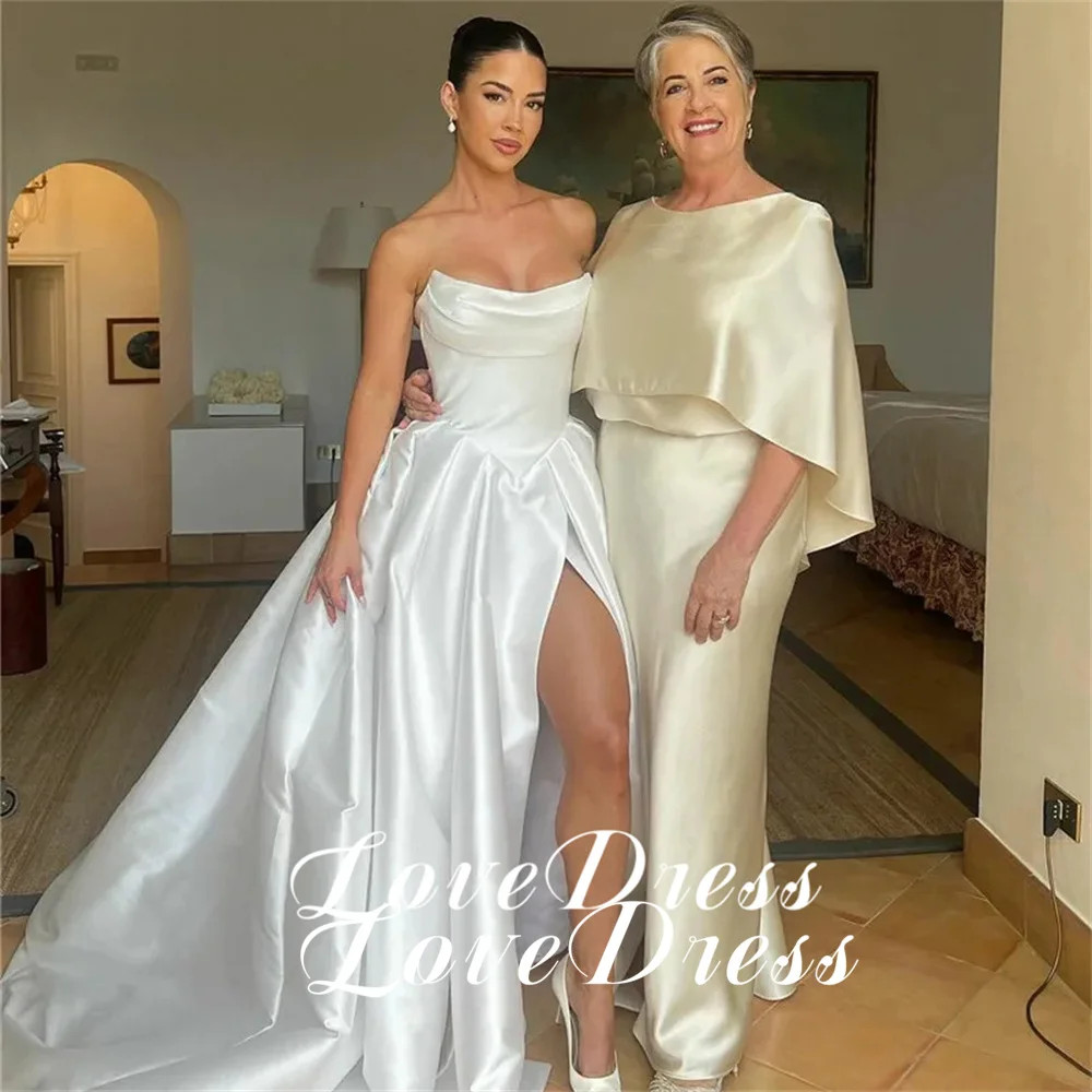 Simple Stain Strapless Pleats High Side Slit Wedding Dress Pastoral Sleeveless