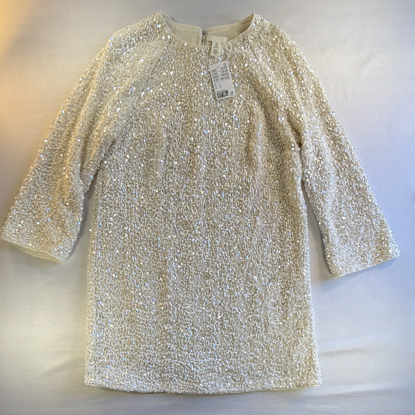 H&M Sequin Mini Dress Large Cream Off White Shift Party NYE Holiday Festive Sexy
