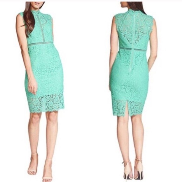 BARDOT Mint Sea Green Lace Panel High Neck Semi Sheer Yoke Cocktail Dress 8 = M