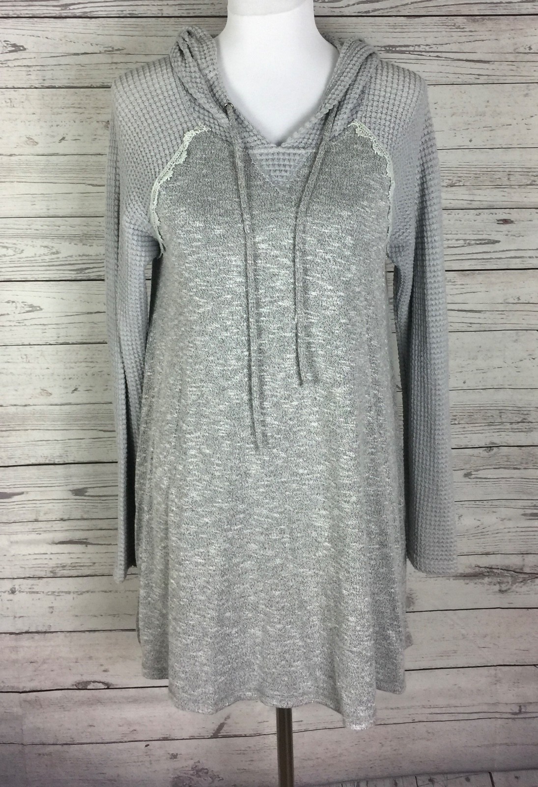 Kori America Women’s Gray Long Sleeve Knit Hooded Stretch Tunic Dress Top Size S