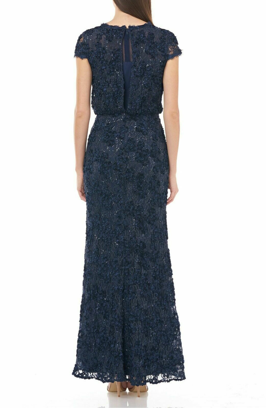 JS COLLECTIONS Navy Sequined Soutache Lace Blouson Bodycon Gown SZ 12 NEW