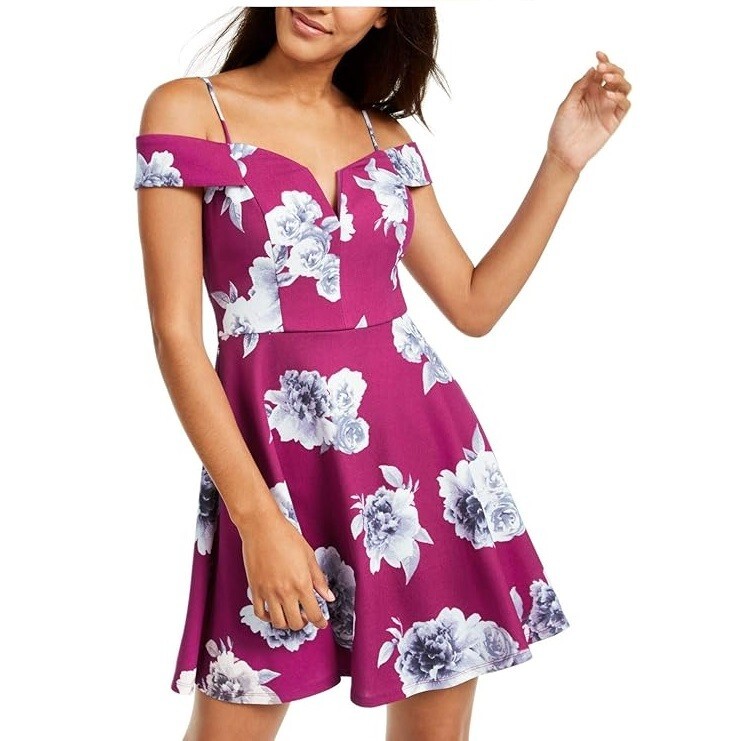 City Studio Junior Womens 9 Berry Silver Floral Short Dress NWT CY62