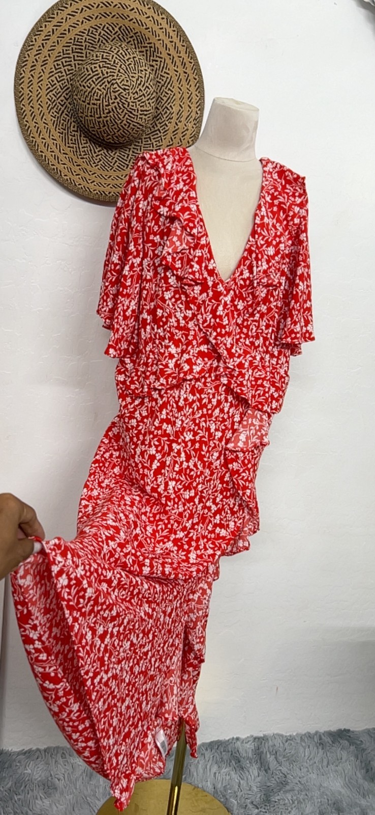 A New Day red garden floral maxi summer sun dress sz XXL – ruffle slit zipper