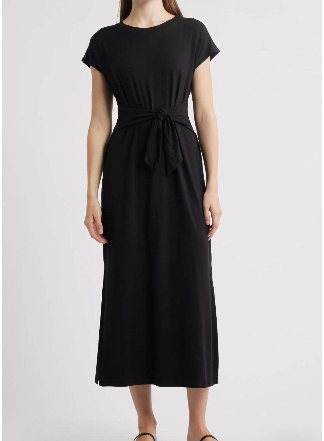 Eileen Fisher Black Jersey Maxi Dress Size Medium NWT $198 Tie Waist