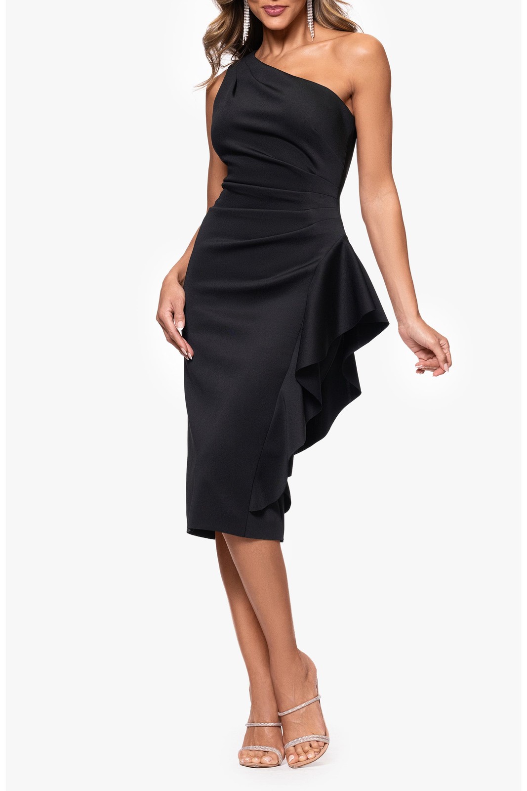 Xscape Cocktail Dress One Shoulder Ruffled Ruched Sheath Black Size 16 NWT $209