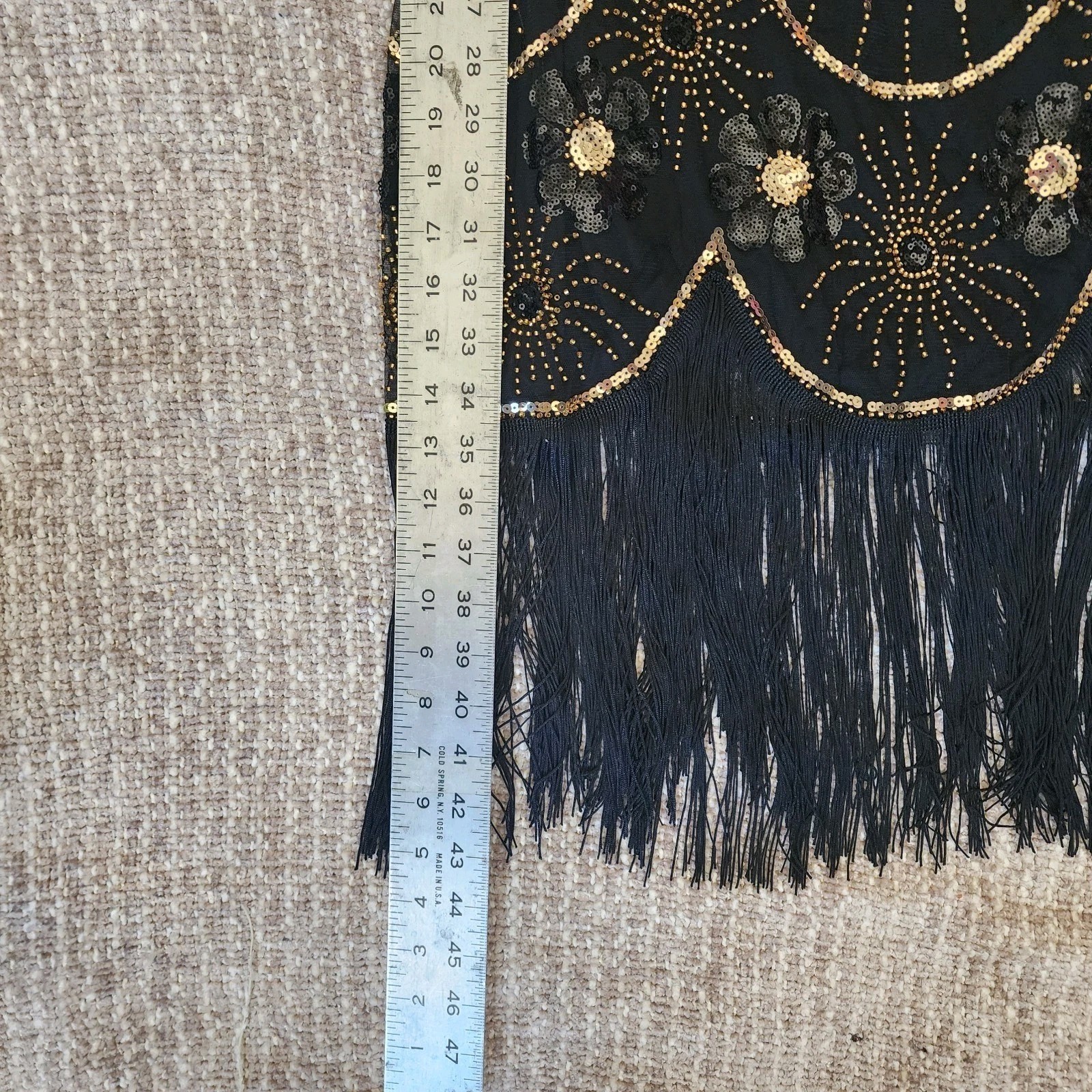 Yessa Black Gold Sequin Beaded Flapper Fringe Gatsby Dress Size Medium NWT